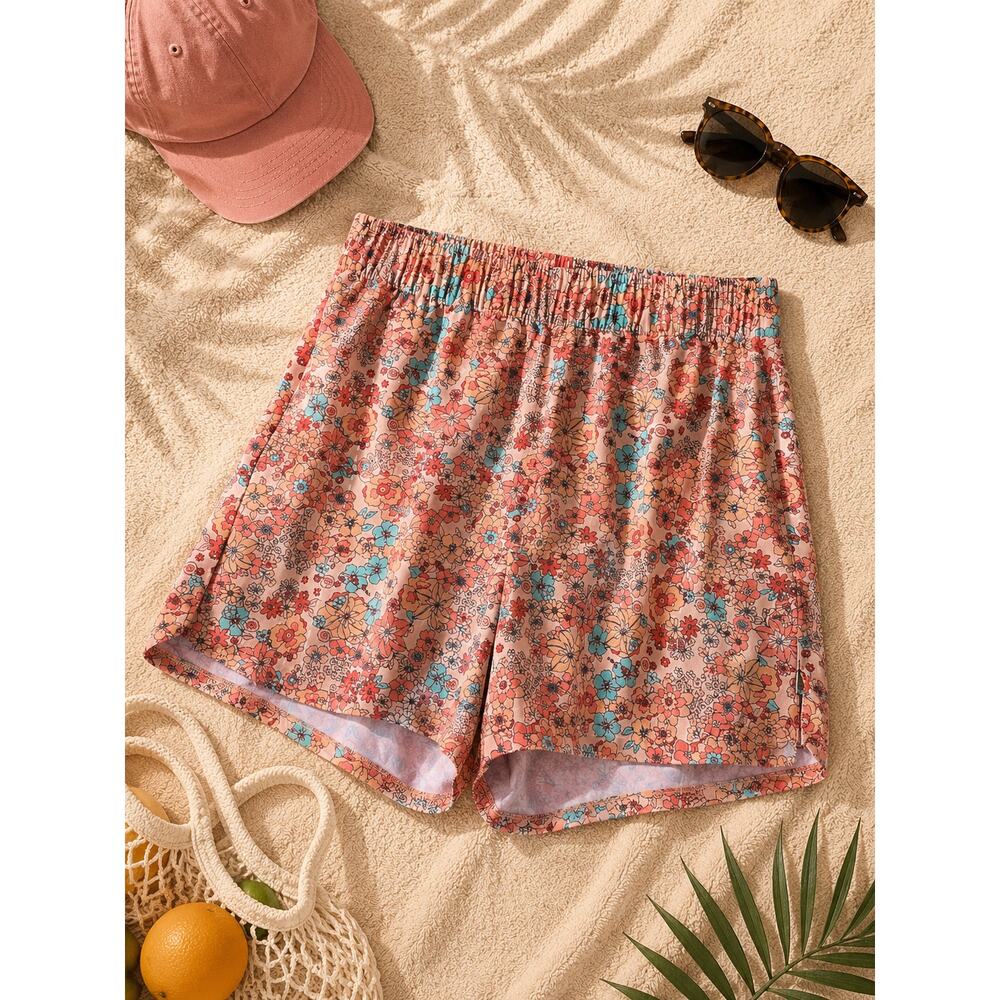 Jetty Women's Floral Print Elastic Waist Pull-On Shorts Orange Multicolor SZ XL